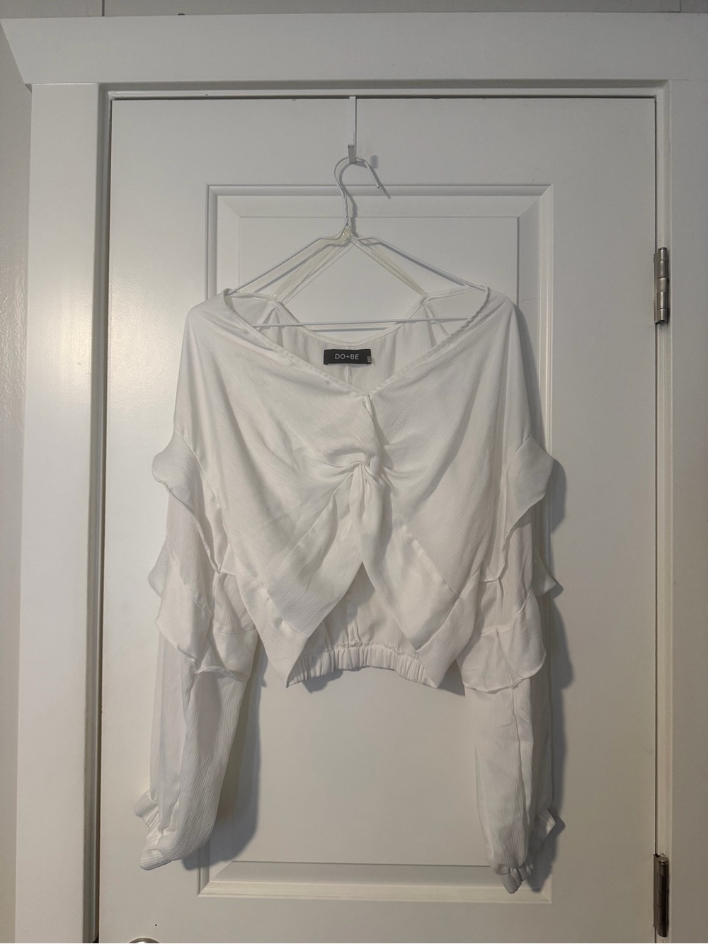 DO+BE White Twist-Front Ruffle Sleeve Blouse